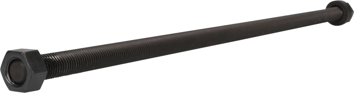 Long, black threaded rod with nuts at both ends, against a white background.