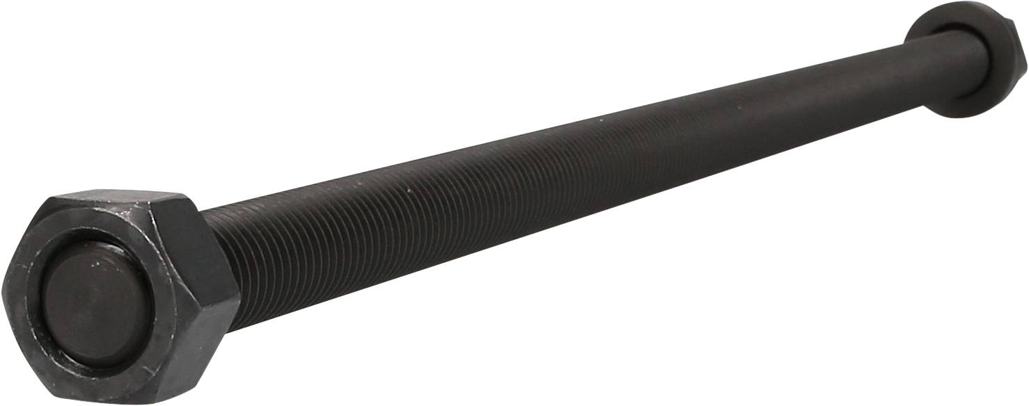 A long, black threaded rod with a hexagonal nut at each end.