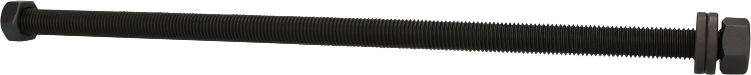 Black threaded rod with nut, lying horizontally, on a white background, showing the mechanical connecting element.