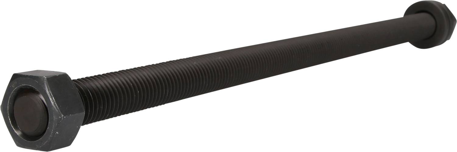 A long, black threaded rod with a hexagonal head and counter-rotating nuts at both ends, used for anchoring.