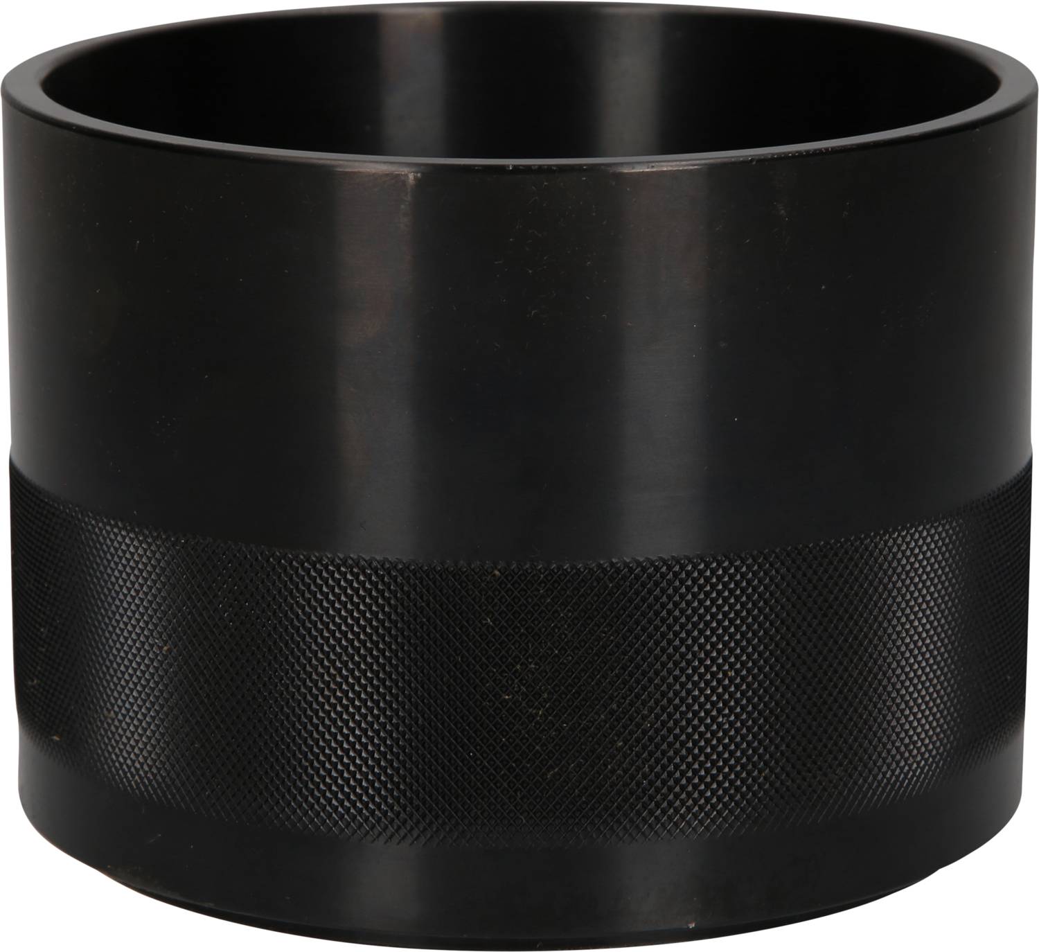 A black, cylindrical metal container with a non-slip texture on the exterior. No additional decorative elements are visible.