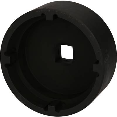 A black, cylindrical object with a square hole in its centre, potentially an adaptor or a specialised tool component.