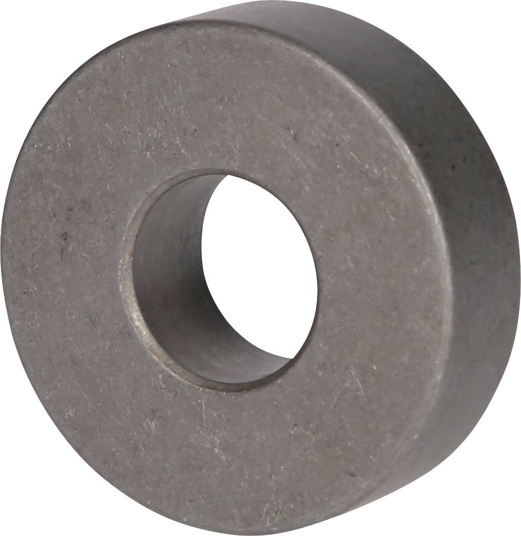 A single, round metal washer with a hole in the centre, set against a white background.