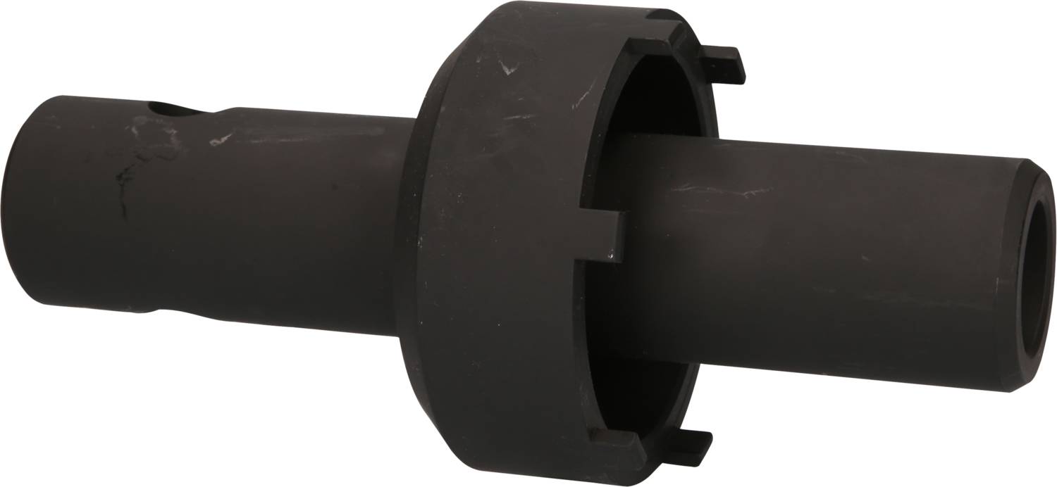 A black cylindrical tool adaptor piece with two differently sized end diameters. Used for specific assembly purposes.