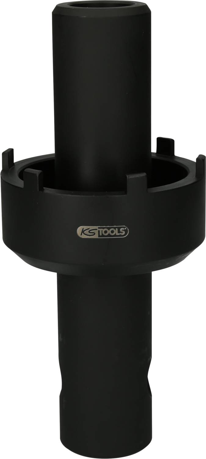 Black tool from KS Tools, cylindrical in shape with lateral indentations, likely used for assembly or disassembly.