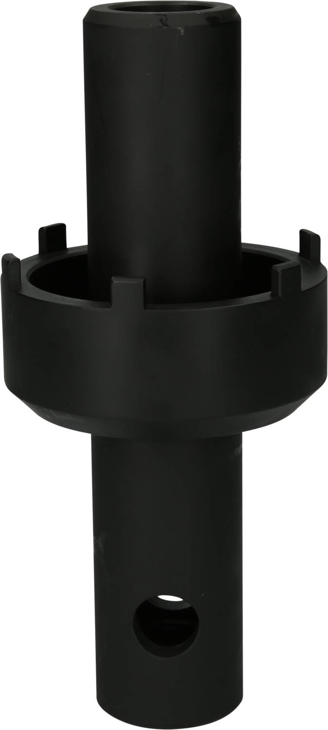 Black, cylindrical tool with a ring and four prongs. Used for assembling or disassembling specific mechanical parts.