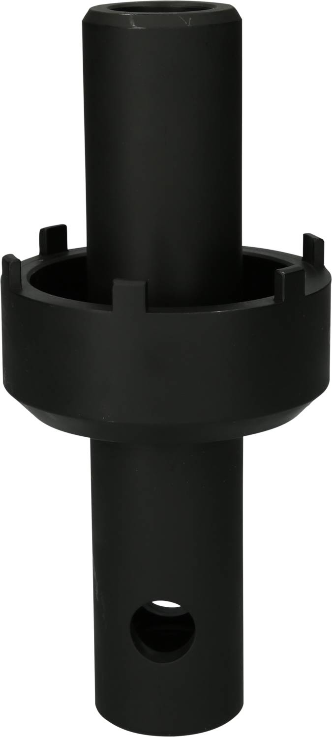 Black metal tool with a cylindrical shape and a wider ring in the middle, possibly a specialised attachment for machinery.