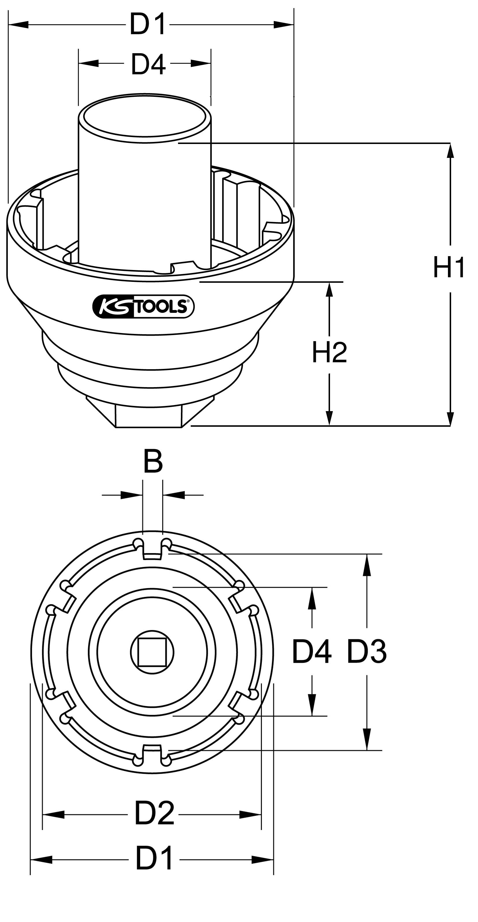 Technical drawing of a tool with dimensions: D1, D2, D3, D4, B, H1, H2. Top: Side view; bottom: Top view. Tool by 'KS Tools'.