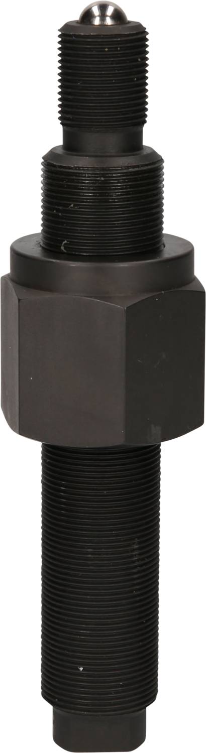 A black metal bolt with threads at both ends, one smooth for connection and the other with a rounded point at the top.