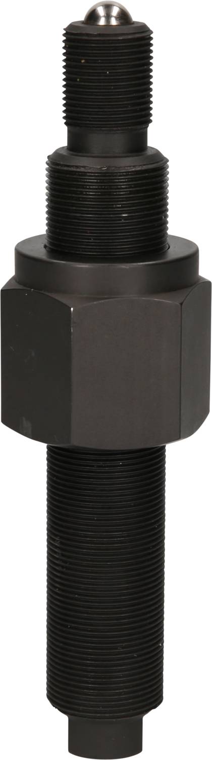 A black, cylindrical metal pin with threads at both ends, likely a mechanical component or tool.