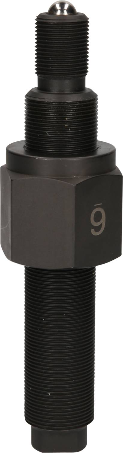 Metal bolt with thread and hexagon socket. Upper end round, lower end narrow. Marking '9' visible.