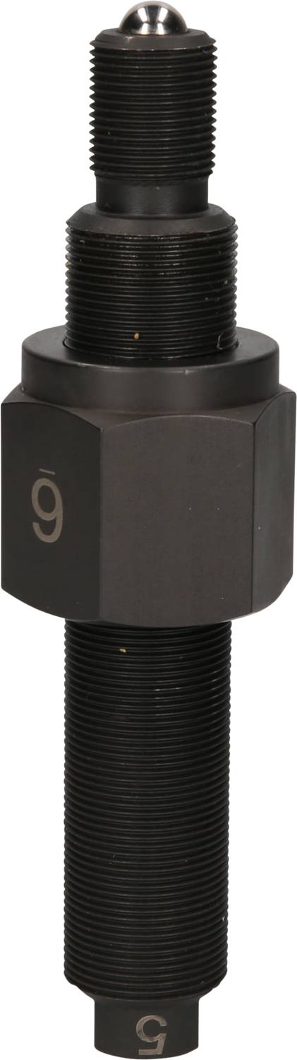 Black metal bolt with threads at the top and bottom, a medium hexagonal section, and the number '9' on the side.