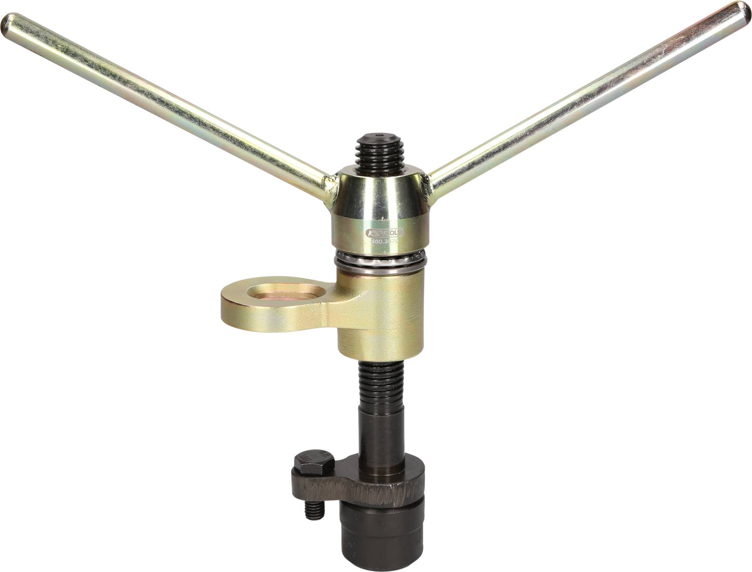 A metallic tool with two long handles and a central thread, which is likely used for removing bearings.