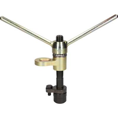 A metallic tool with two long handles and a central thread, which is likely used for removing bearings.