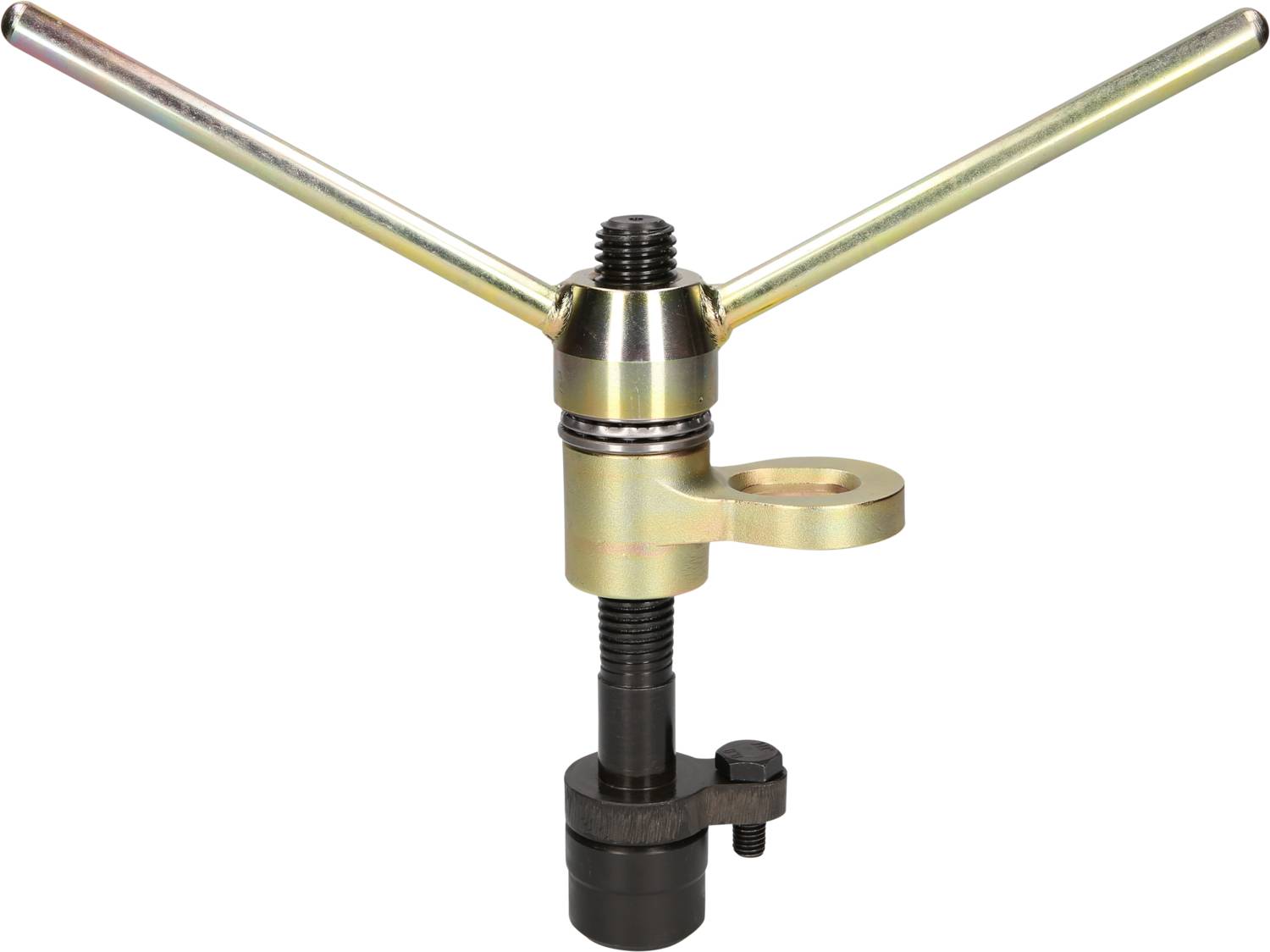 Two-legged puller with thread and mounting bracket, for removing parts in mechanical engineering or repair applications.