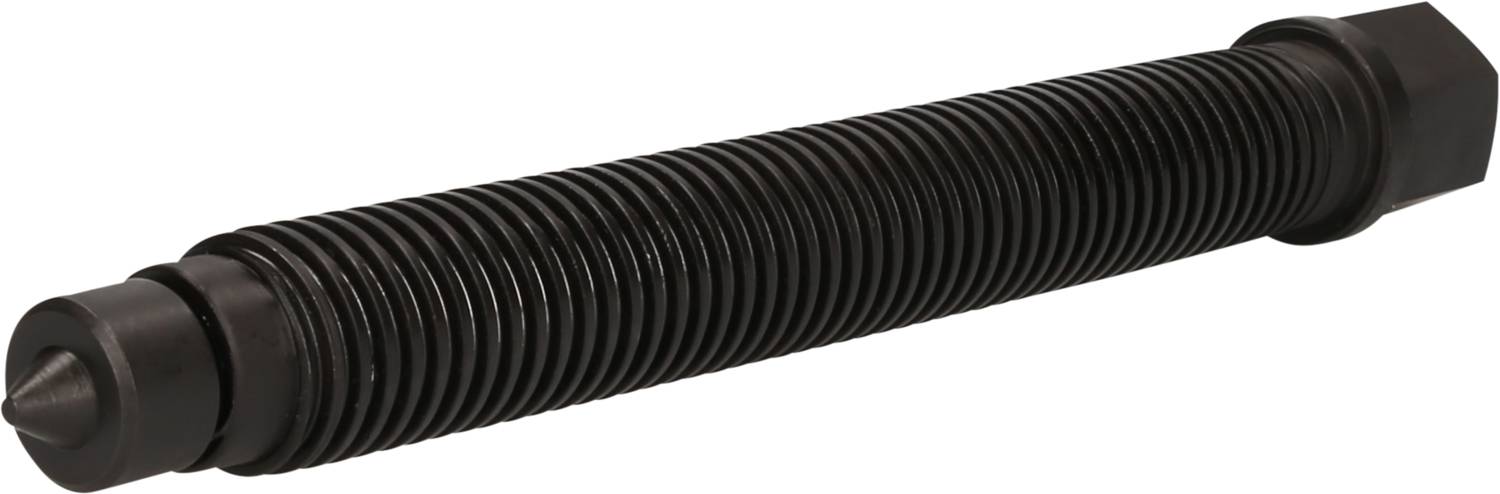 A black, cylindrical machine damper with a ribbed surface and two end caps, lies horizontally on a white background.