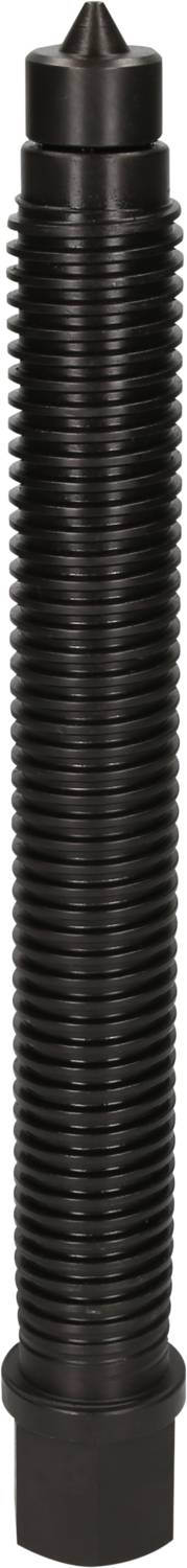 A black cylindrical metal pin with a ribbed structure, a pointed tip at the top and a hexagonal base at the bottom.