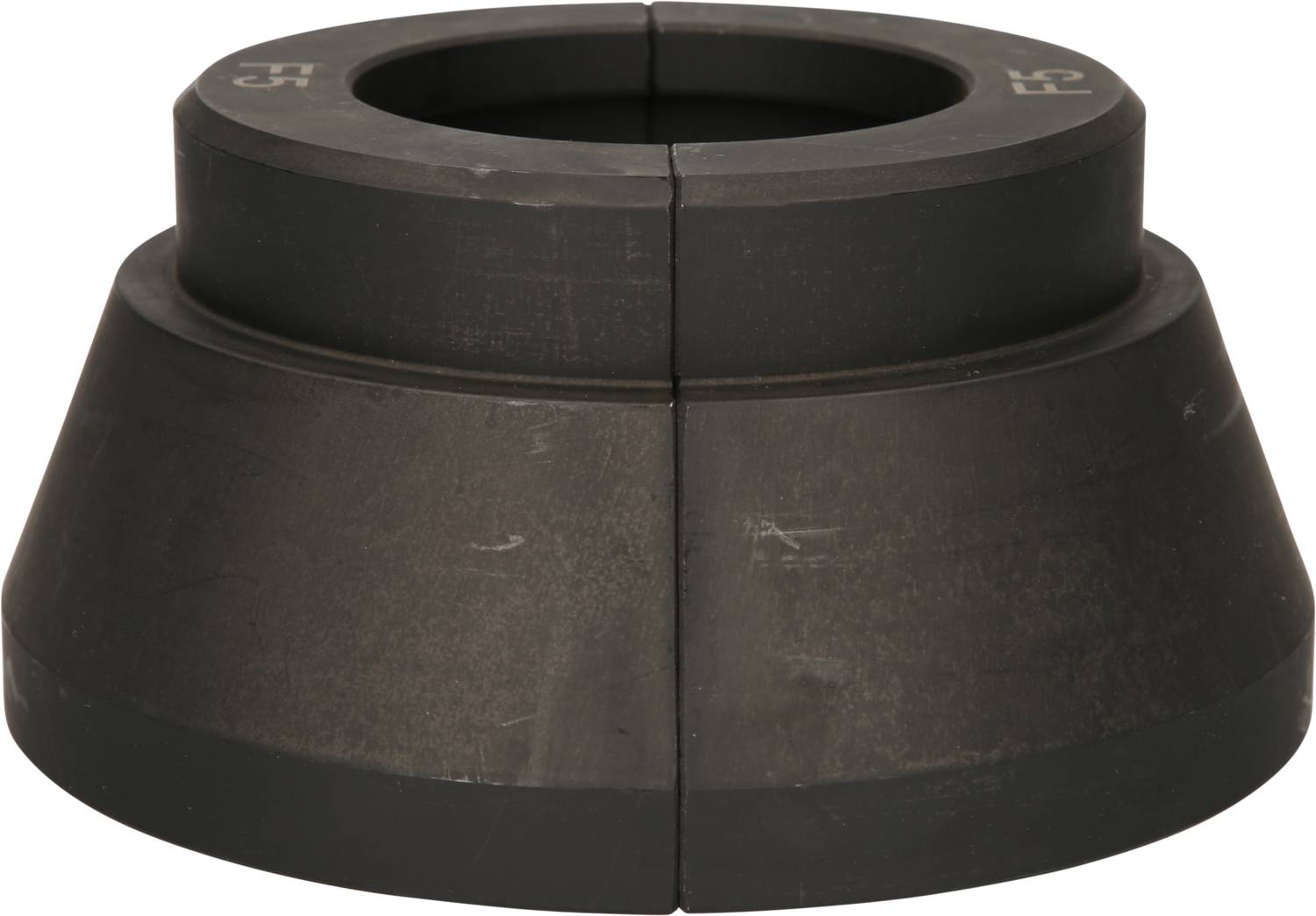 Black, conical metal ring divided into two halves, potentially part of a locking or sealing system.