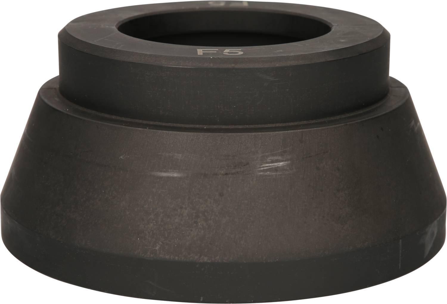 Rounded, black metal adapter with stepped levels and 'F5' printed on top. Suitable for fastening or as a mounting bracket.