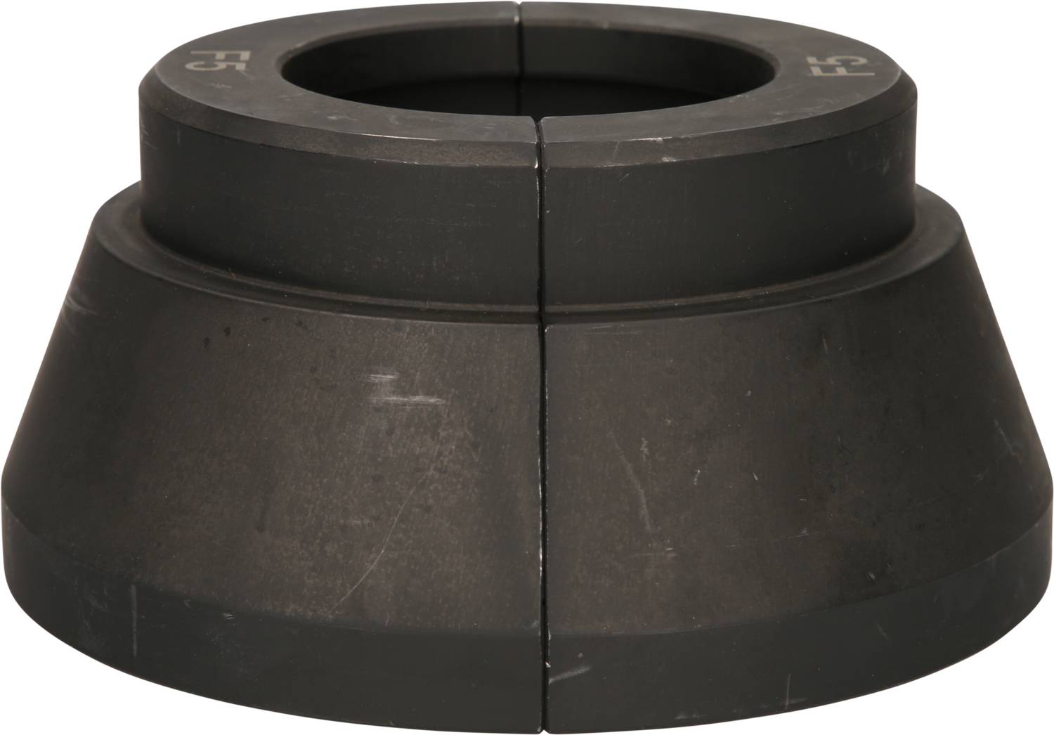 Black, cylindrical metal base, two-part, with bevelled edge, standard industrial component, no labelling visible.