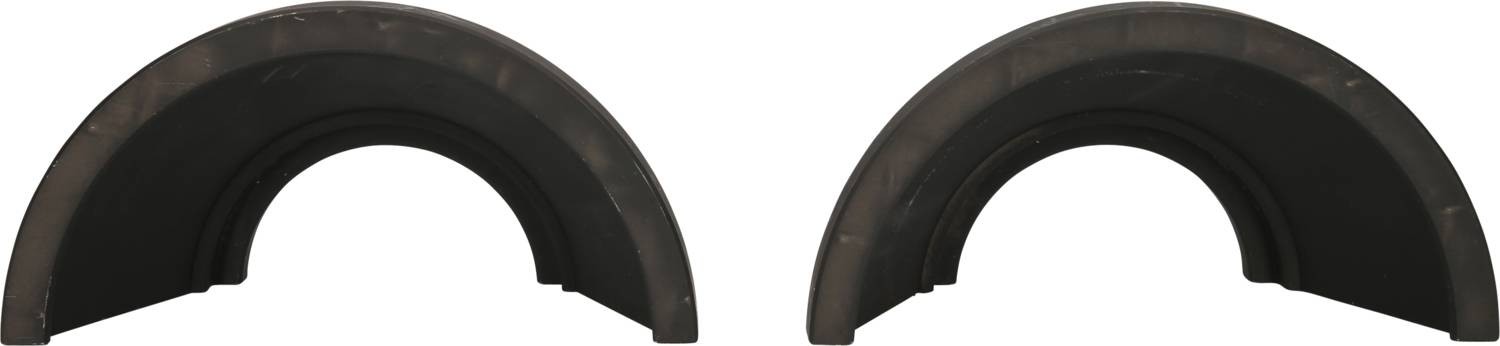 Two black, semi-circular objects, symmetrically positioned side by side, with smooth surfaces and casting shadows on a white surface.