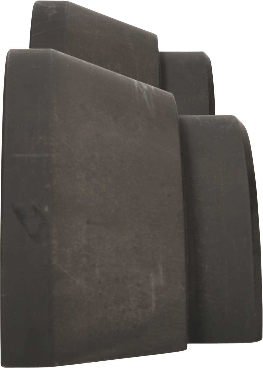 Two black, rectangular rubber objects with rounded edges are stacked at a slight angle to each other.