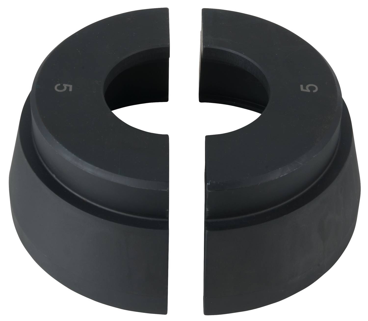 Black material weight disc, divided into two halves, each half marked with the number '5'.