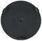 'Black round plastic lid with four rounded clips on the edge. Centrally raised.'