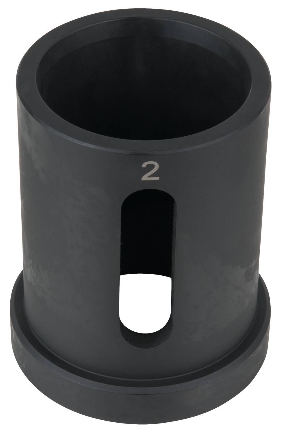 Black cylindrical metal adapter with an oval cutout and the digit '2' on its surface, potentially serving as a mounting bracket.