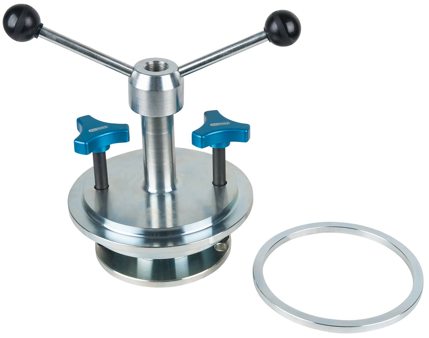 A chrome-plated three-legged tension tool with two blue wing nuts and a separate ring on the right-hand side.