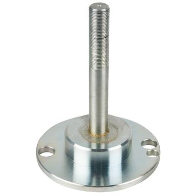 A metal flange with a cylindrical, upright bolt in the centre. The flange has three holes for mounting.