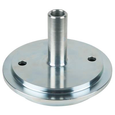 Metal flange with a central, vertical cylinder and two holes, against a white background. Suitable for mechanical connections.