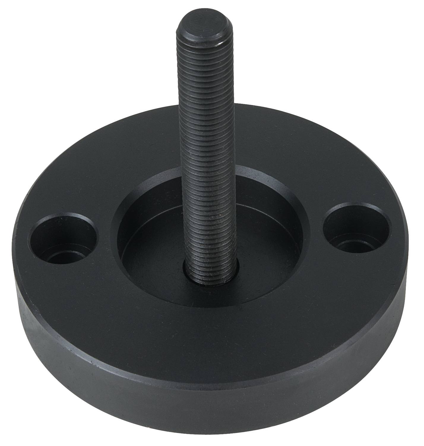 A black, round metal component with a central, upright threaded screw and two mounting holes.