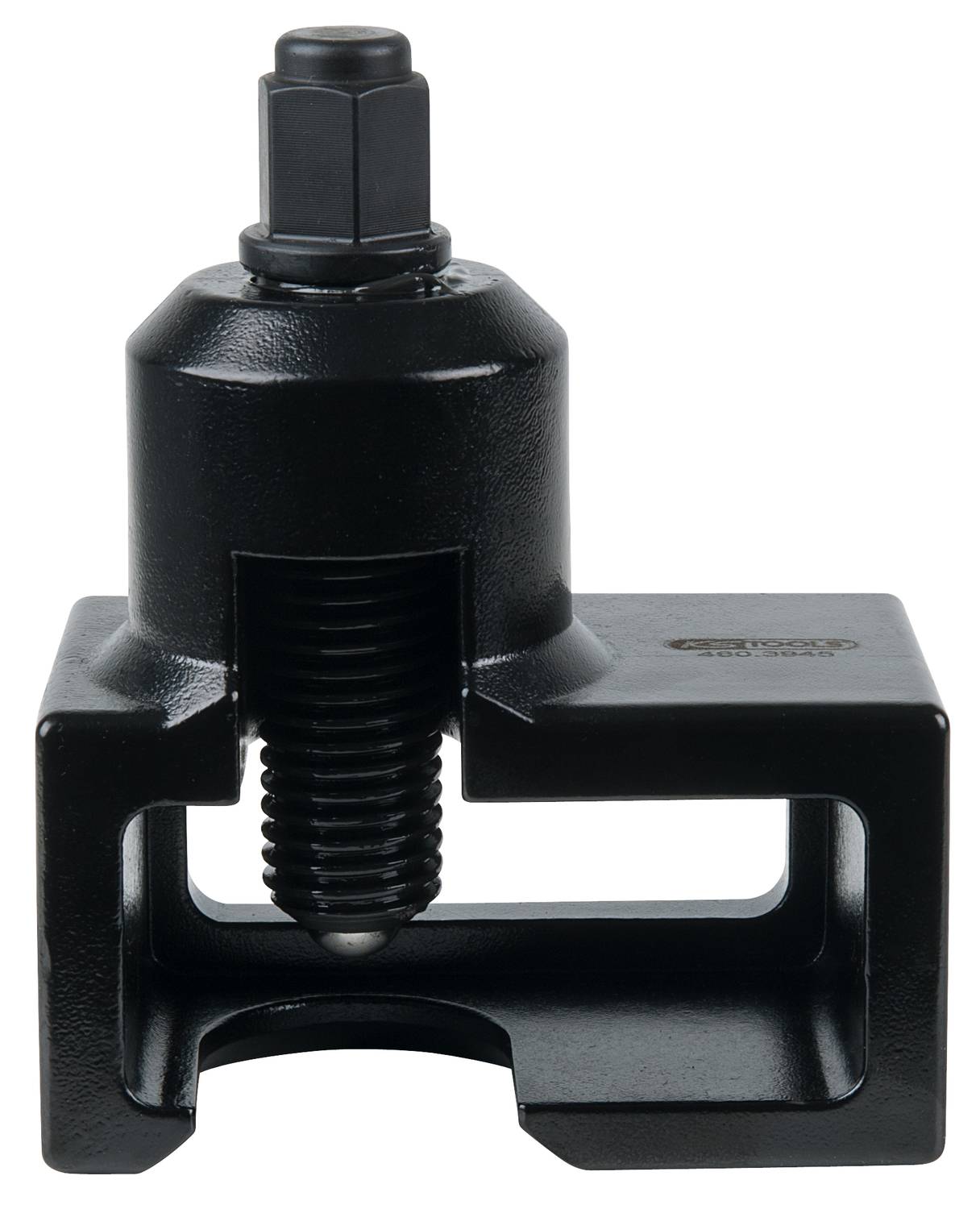 A black metal tool with a screw mechanism, suitable for removing wheel bearings or similar components, on a white background.