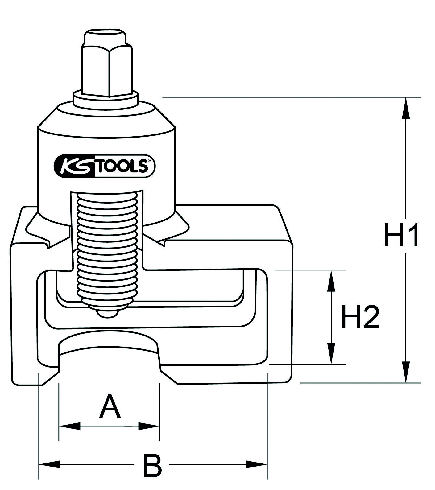 Technical drawing of a KS Tools puller with labels: Height H1 and H2, widths A and B. Used for component assembly.