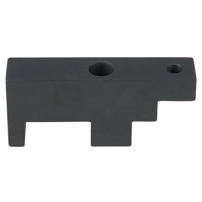 Black, rectangular component with two threaded holes.