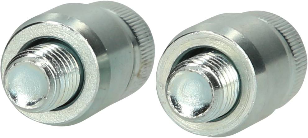 Two silver metal adapters with ridged edges and a central thread, perfect for connecting cables or hoses.