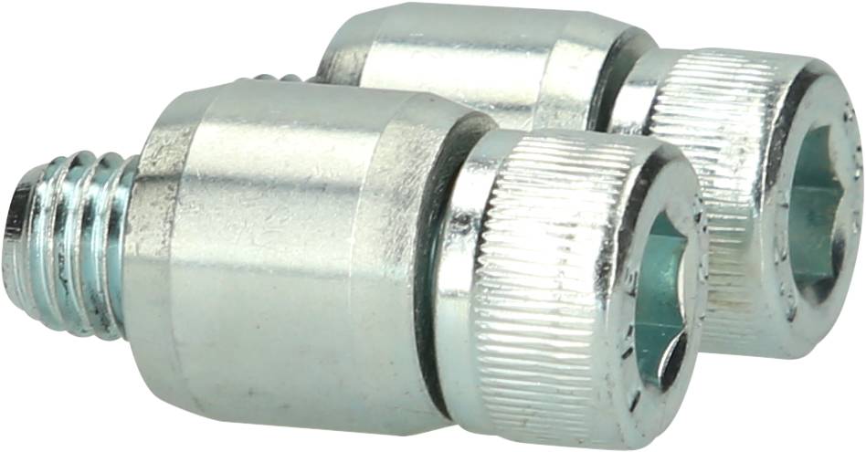 Two silver metal adapters with a ridged edge and hexagonal head. They are cylindrical, with a thread on one side.