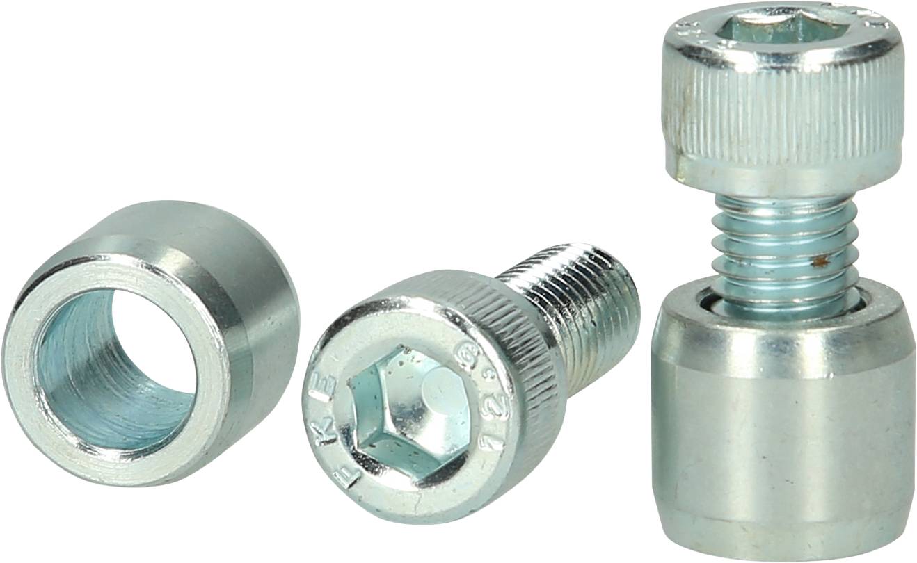 Three metal screws, one bolted with a nut. Different shapes, all made of shiny metal.