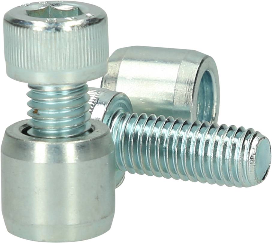 Two silver machine screws and nuts are lying on a white background. One screw is upright, the other is lying on its back.