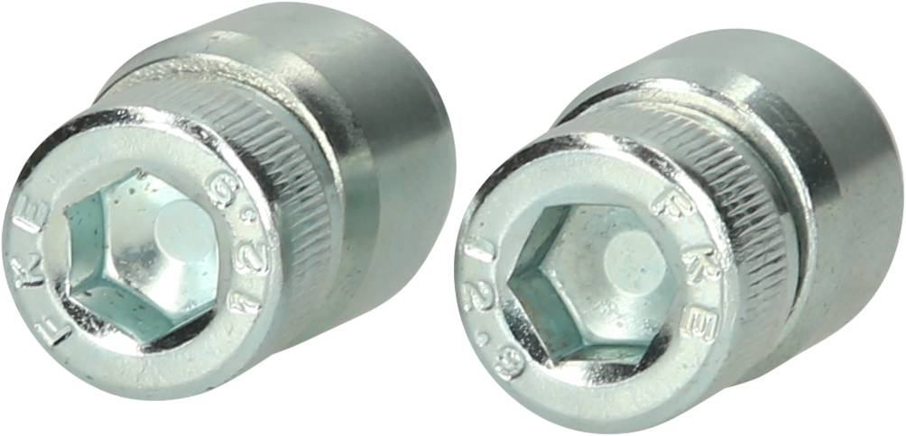Two silver, hexagonal screw caps side by side, with embossed numbers and letters on the top surface.