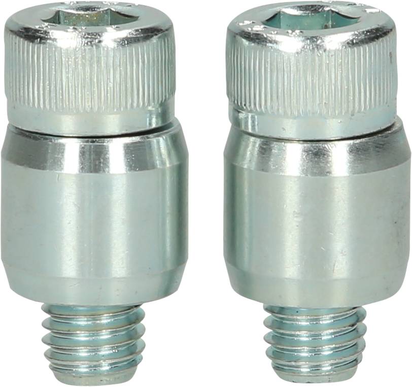 Two silver screws with round heads and knurled grips, positioned side by side.