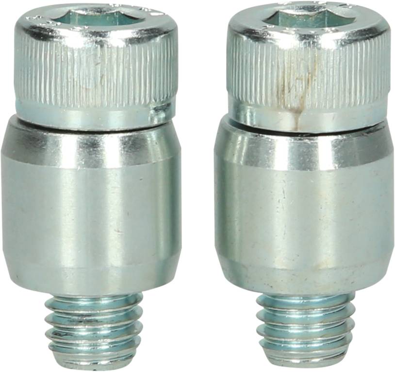 Two silver metal adapters with threads, standing side by side.