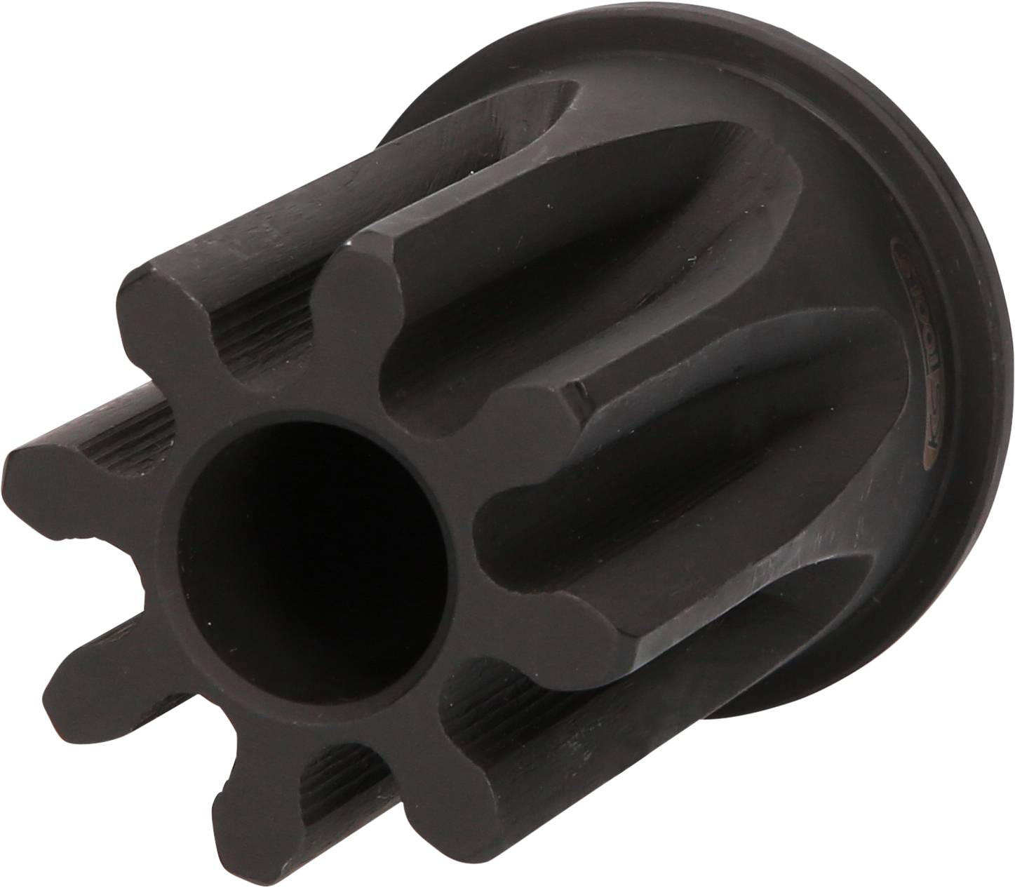 A dark grey cogwheel or machine part with six teeth, viewed from the side, on a light background.