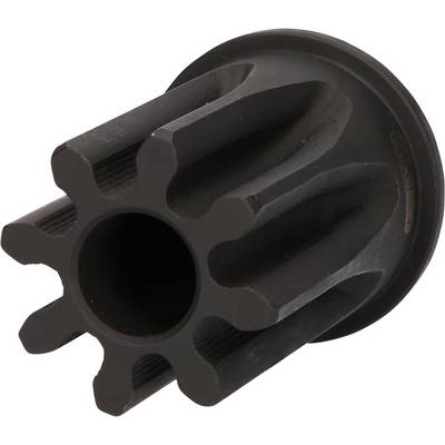 A dark grey cogwheel or machine part with six teeth, viewed from the side, on a light background.