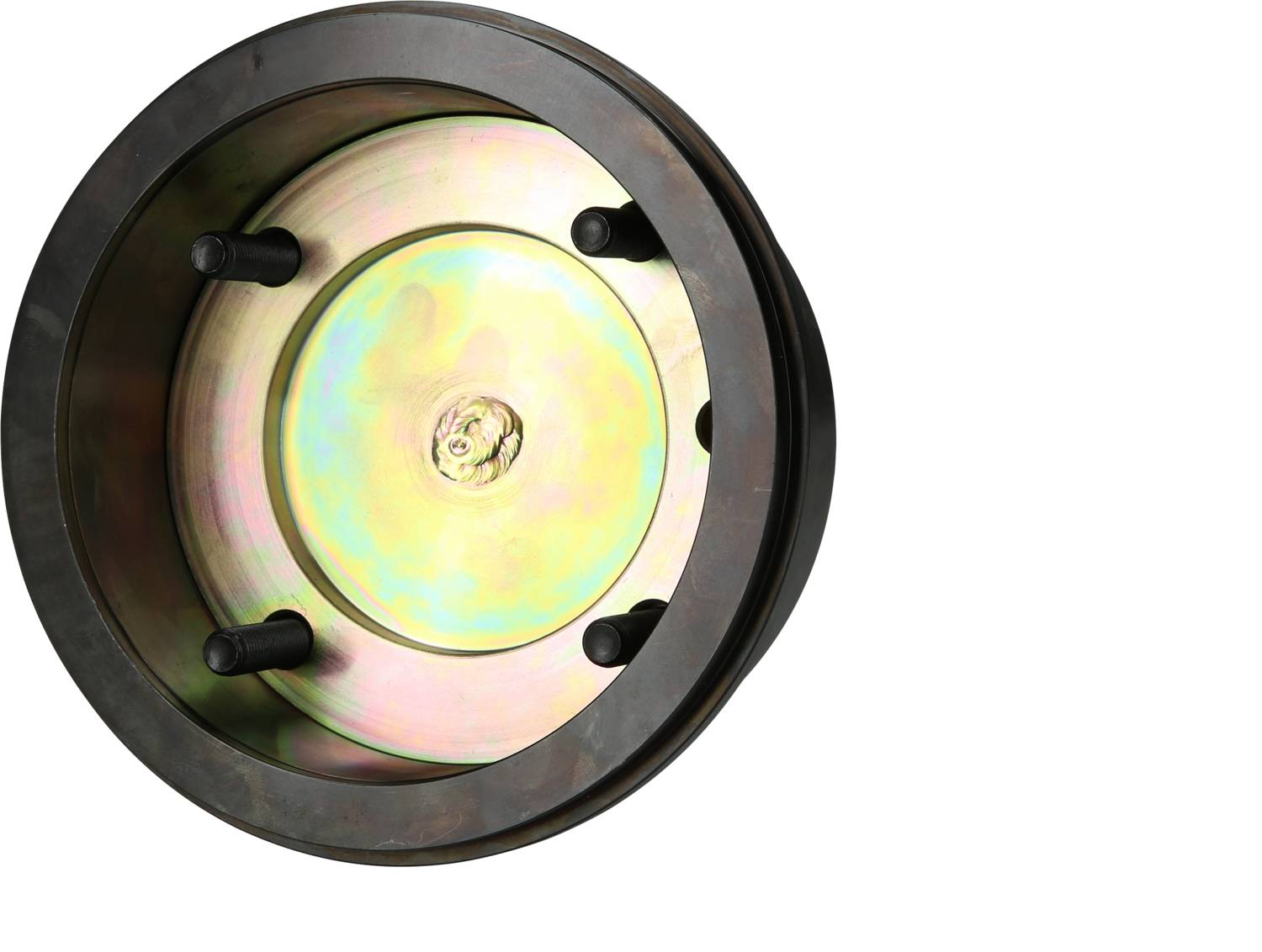 Metallic component with a circular cross-section and four protruding pins, potentially part of a mechanical device.