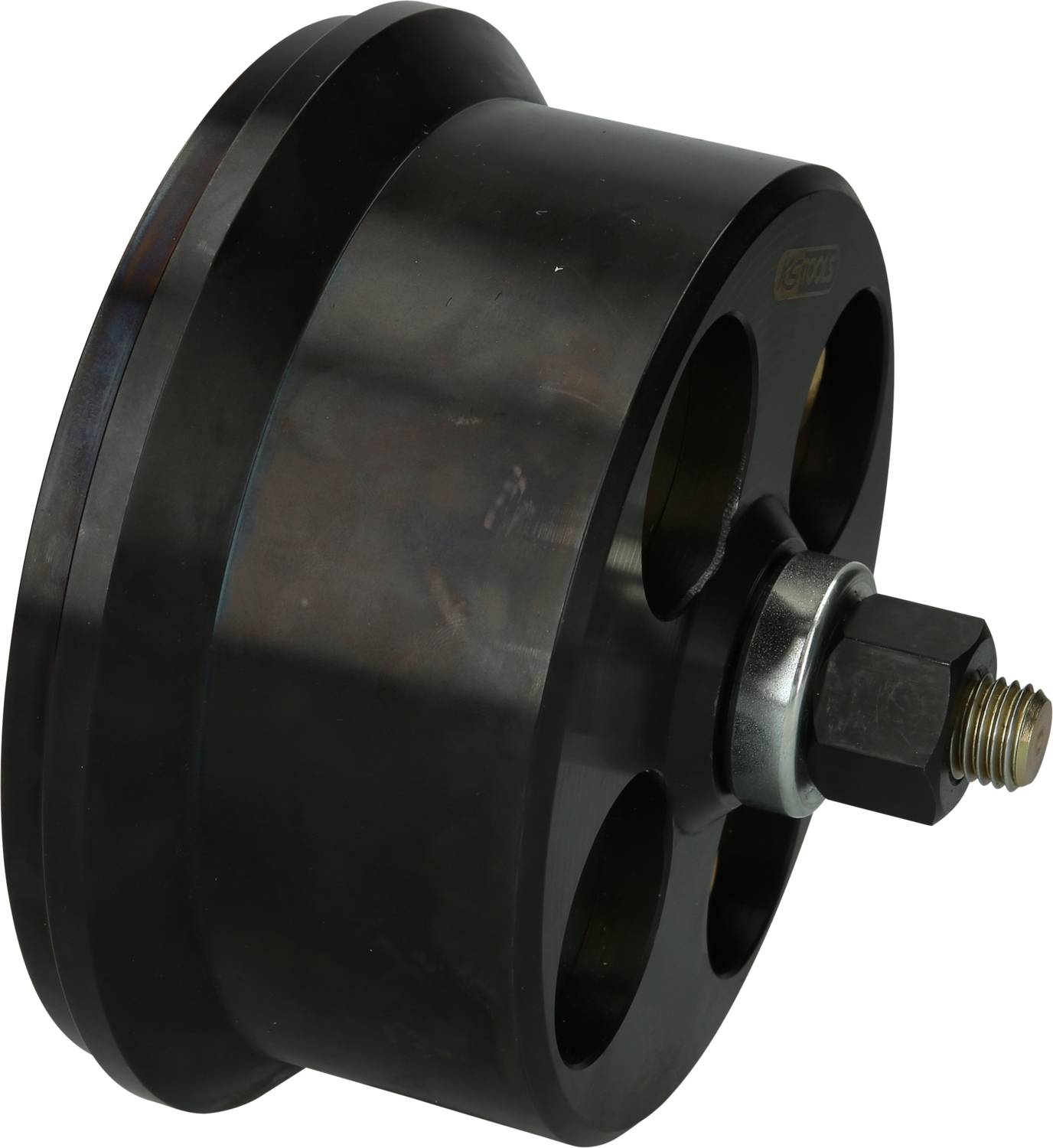 Black metal wheel with five holes and screws in the centre, viewed from the side. Suitable for industrial applications.