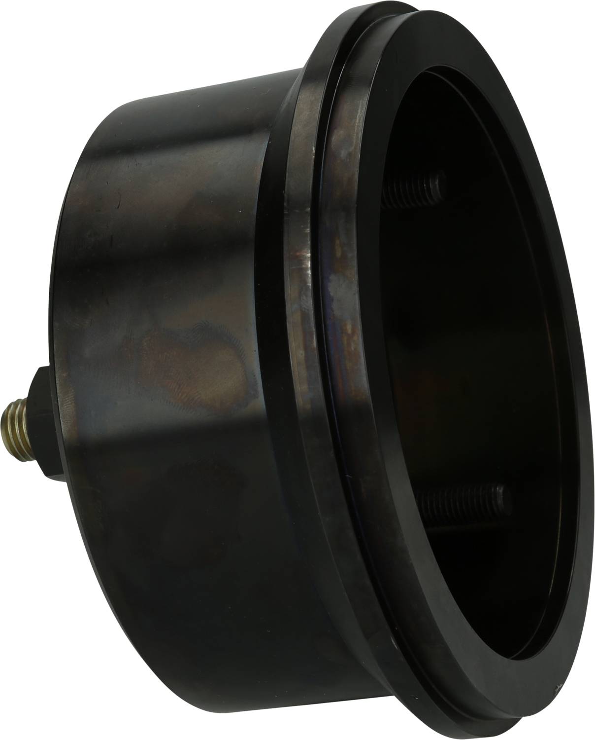 Black metallic cover with a circular cavity, viewed from the side.