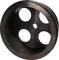 A metal wheel with four large circular holes, potentially part of a machine or vehicle.