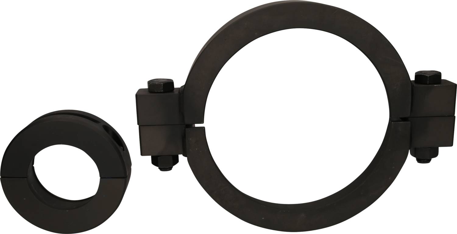 Two black metal clamps, one larger and one smaller, lying side by side. They are used for securing pipes.